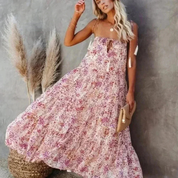 Storia Micro Floral Cornfield Tiered Tassel Maxi Dress Size Medium - Picture 2 of 13